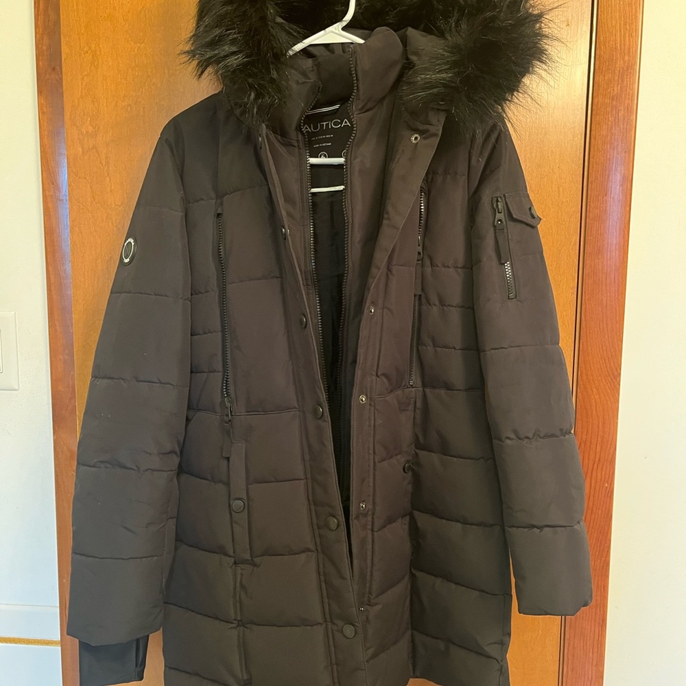 Nautica Women's Dark Puffer Jacket with Faux Fur Trim